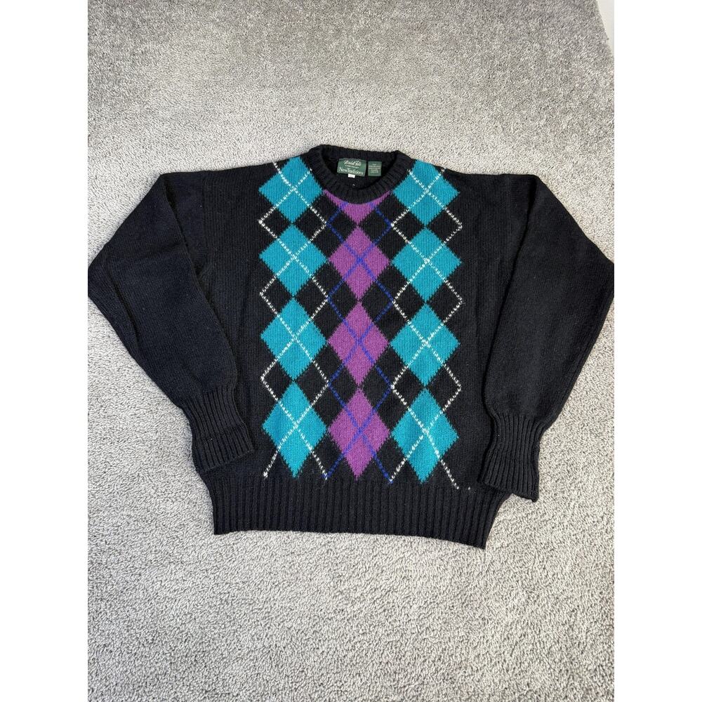 New Traditions Sweater Mens XL Black Argyle Wool Pullover Crewneck Ireland